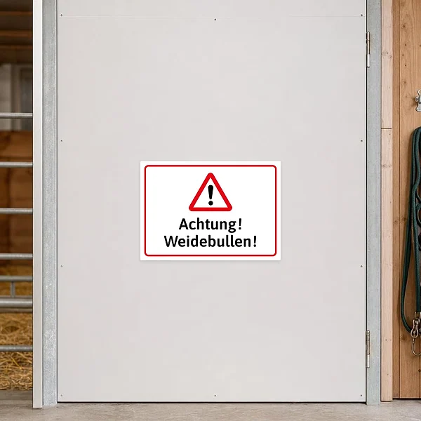 Querformatiger Achtung Weidebullen Aufkleber mit rotem Warnsymbol für Weide, Stall und Hofzufahrt.