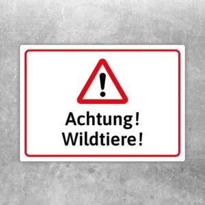 Achtung Wildtiere Aufkleber mit rotem Warnsymbol und deutlichem Hinweistext.