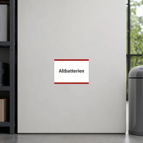 Querformatiger Altbatterien Aufkleber für Sammelstellen, Rücknahmeboxen und Entsorgungsbereiche.