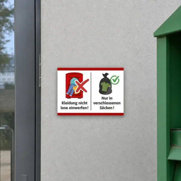 Ein Altkleidercontainer an einem Sammelstandort mit dem Hinweis, Kleidung nicht lose einzuwerfen und nur in verschlossenen Säcken abzugeben.