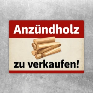 Aufkleber mit der Aufschrift „Anzündholz zu verkaufen!“ und Holzstapel-Motiv.