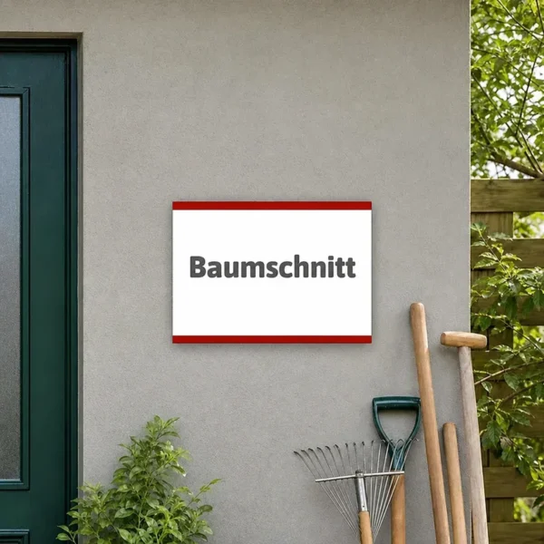 Ein Baumschnitt-Hinweisschild im Querformat, montiert an einem Zaun oder einer Wand in der Nähe von Baumarbeiten und Grünflächen.