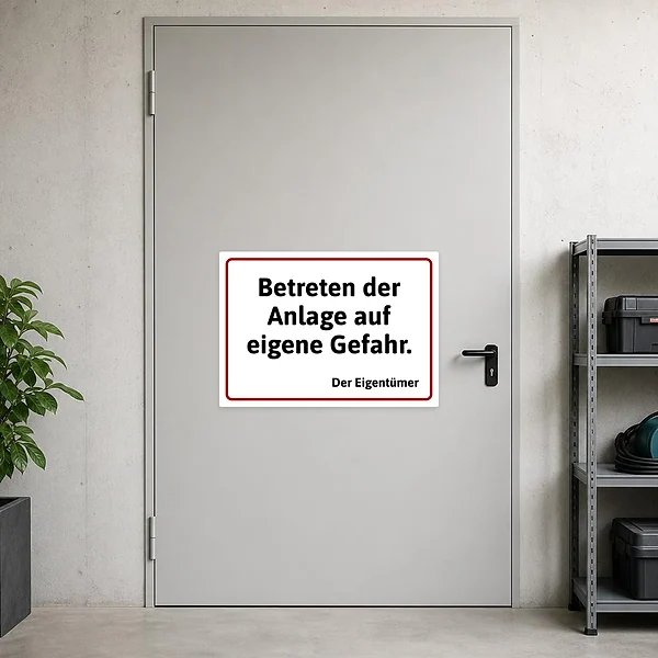 Querformatiger Aufkleber mit dem Hinweis „Betreten der Anlage auf eigene Gefahr. Der Eigentümer“ für Tore und Zugänge.