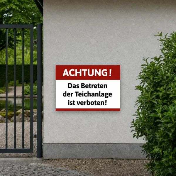 Ein rechteckiges Verbotsschild hängt an einem Zaun oder einer Wand neben einer Teichanlage und warnt Besucher davor, den Bereich zu betreten.