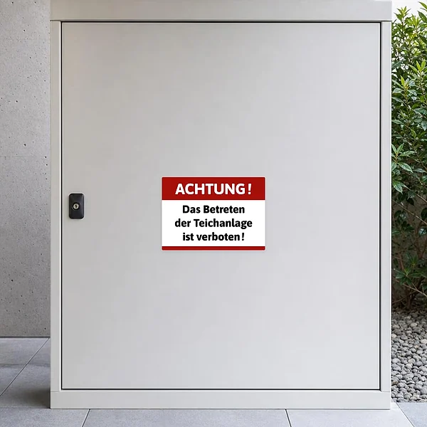 Querformatiger Verbotsaufkleber für Teichanlagen mit rotem Kopfbereich und deutlichem Warntext.