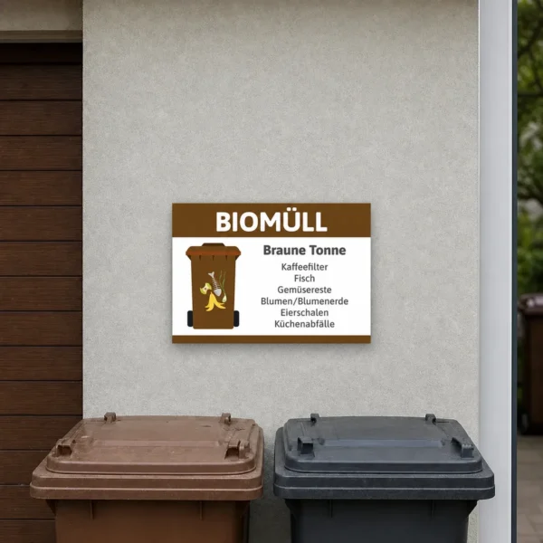 Ein querformatiges Hinweisschild zur Braunen Tonne an einer Wand im Müllbereich eines Hauses, mit klarer Kennzeichnung für Biomüll und Küchenabfälle