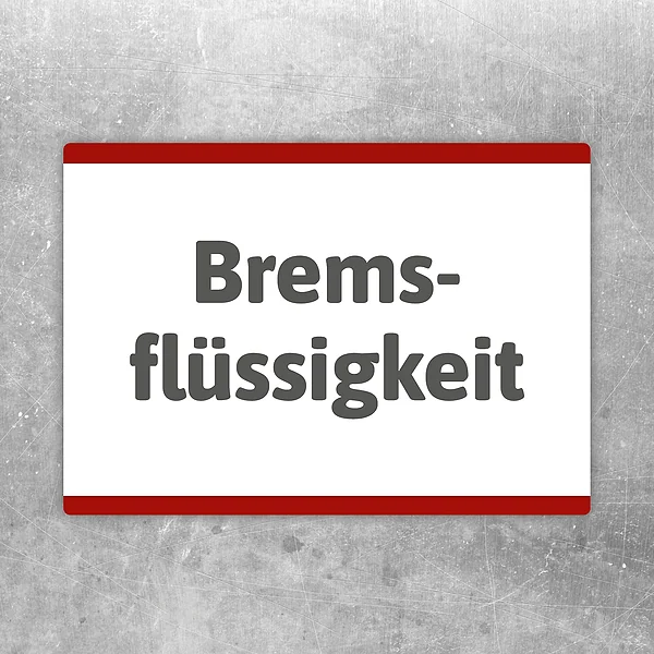 Hinweisaufkleber Bremsflüssigkeit als Aufkleber für Werkstatt und Kfz-Bereich.