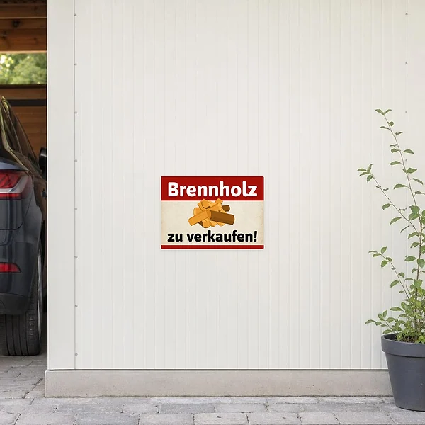Verkaufsaufkleber mit Brennholz-Motiv und gut lesbarem Hinweis für den Holzverkauf