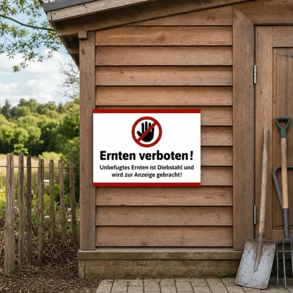 Ein querformatiges Ernten-verboten-Schild wird an einer Obstwiese oder Plantage montiert, um Besucher auf das Verbot des unbefugten Erntens hinzuweis