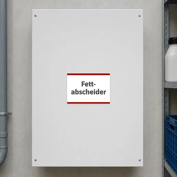Querformatiger Fettabscheider Hinweisaufkleber zur eindeutigen Kennzeichnung im technischen oder gastronomischen Bereich.