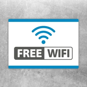Free Wi Fi Aufkleber mit WLAN Symbol und gut lesbarem Hinweistext.
