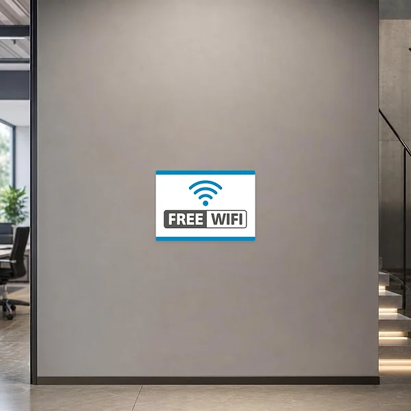 Moderner Free Wi Fi Aufkleber zur Kennzeichnung von Gäste-WLAN in Empfang oder Café.