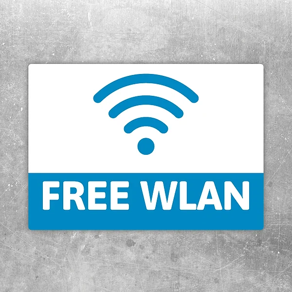 Free WLAN Aufkleber mit blauem WLAN-Symbol und gut sichtbarem Hinweistext.