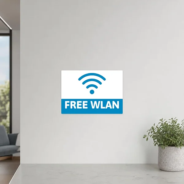 Free WLAN Hinweisaufkleber für Eingang oder Theke mit blauem WLAN-Symbol und weißem Schriftzug.