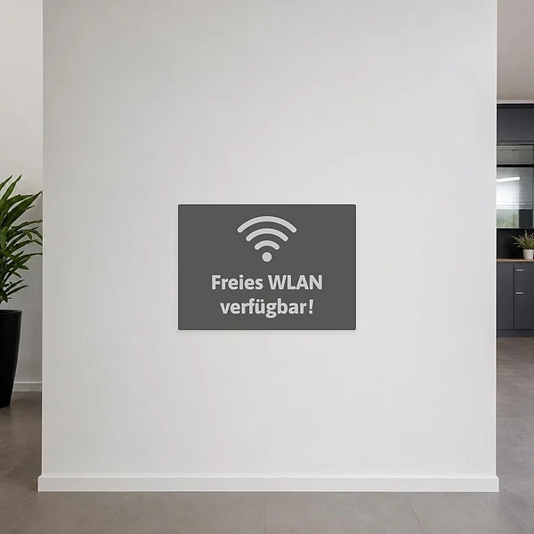 Grauer Hinweisaufkleber mit WLAN-Symbol und Text Freies WLAN verfügbar für Empfang und Gästebereiche.