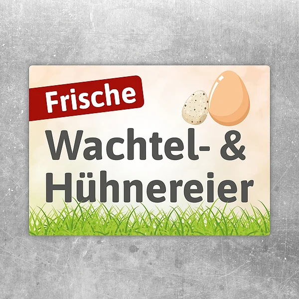Aufkleber mit der Aufschrift Frische Wachtel- & Hühnereier für den Verkauf am Hofladen.