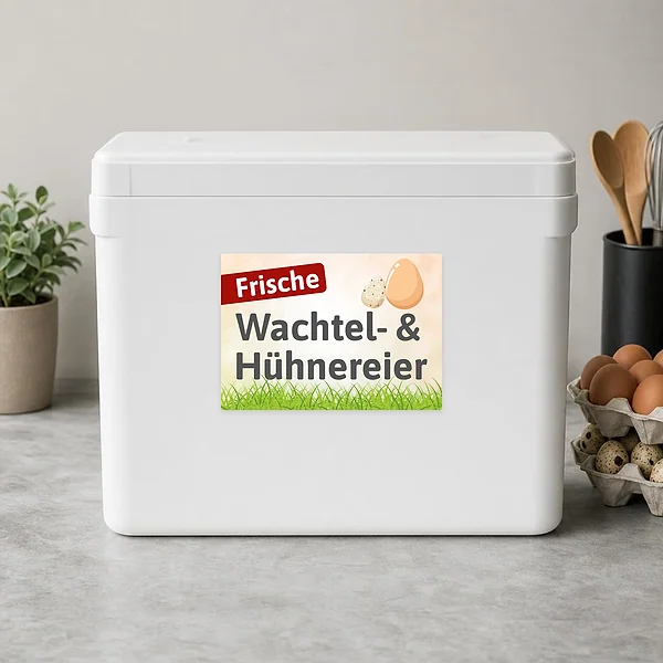 Querformat-Aufkleber für frische Wachtel- und Hühnereier mit Grasmotiv und gut lesbarer Verkaufsbotschaft.