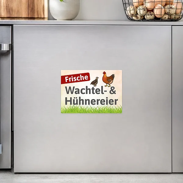 Querformatiger Aufkleber für den Eierverkauf mit dem Text Frische Wachtel- & Hühnereier