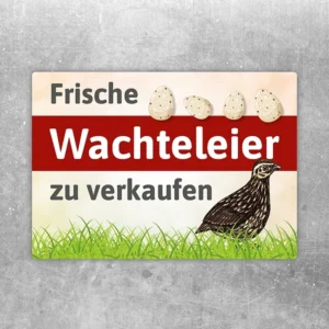 Wachteleier Aufkleber mit dem Hinweis Frische Wachteleier zu verkaufen und Wachtelmotiv.