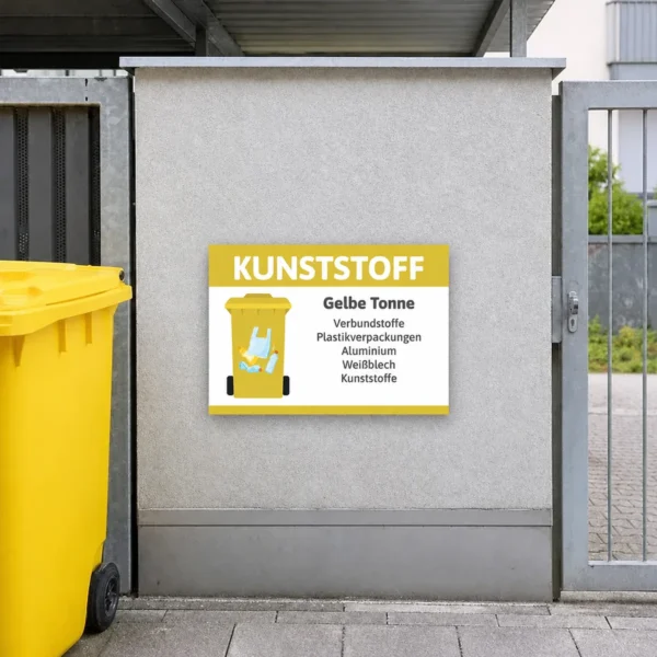 Gelbes Hinweisschild an einer Wand im Müllbereich, das die richtige Entsorgung von Verpackungen in der Gelben Tonne erklärt