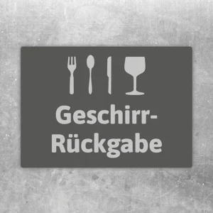 Geschirr-Rückgabe Aufkleber mit Bestecksymbolen und deutlichem Hinweistext für Gastronomie und Selbstbedienung.