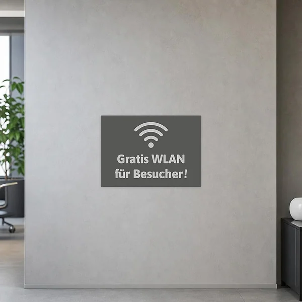 Aufkleber mit dem Hinweis Gratis WLAN für Besucher im modernen grauen Design für Gäste- und Empfangsbereiche.