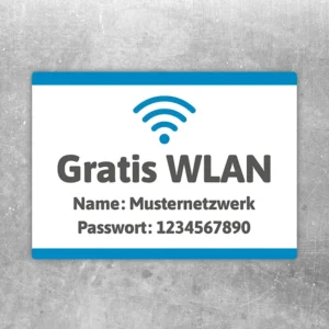 Gratis WLAN Aufkleber mit WLAN-Symbol, Netzwerknamen Musternetzwerk und Passwort 1234567890.