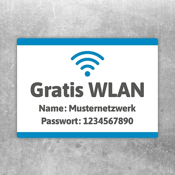 Gratis WLAN Aufkleber mit WLAN-Symbol, Netzwerknamen Musternetzwerk und Passwort 1234567890.