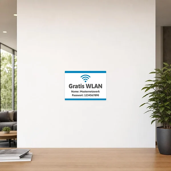 Querformatiger Gratis WLAN Aufkleber für Gäste mit Name Musternetzwerk und Passwort 1234567890.