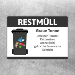 Restmüll Aufkleber für die graue Tonne mit klarer Mülltrennung und Beispielinhalten