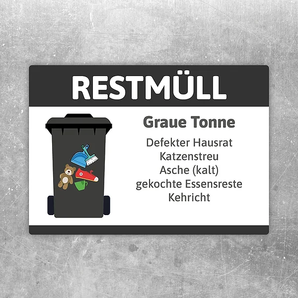 Restmüll Aufkleber für die graue Tonne mit klarer Mülltrennung und Beispielinhalten