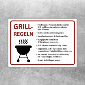 Grillregeln Aufkleber mit klaren Sicherheitshinweisen für Grillplatz und Garten.