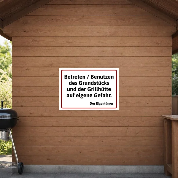 Querformatiger Aufkleber mit dem Hinweis: Betreten und Benutzen des Grundstücks und der Grillhütte auf eigene Gefahr.