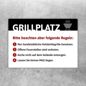 Grillplatz Aufkleber mit Grillregeln für Holzkohlegrill, Asche und Müllentsorgung