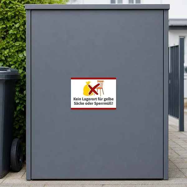 Verbotsaufkleber mit gelbem Sack, Stuhl und rotem X für Bereiche ohne Müllablage.