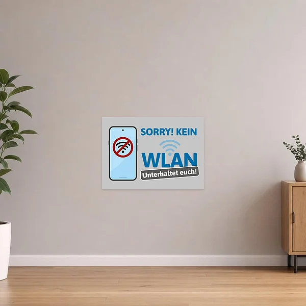 Humorvoller Aufkleber mit „SORRY! KEIN WLAN“ und Smartphone-Icon für Eingänge, Theken und Gästebereiche.