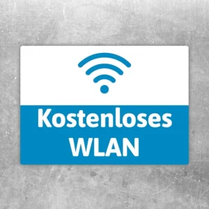 Kostenloses WLAN Aufkleber mit WLAN-Symbol und blauem Hinweistext für Gäste.