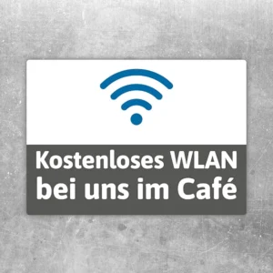 Aufkleber mit WLAN-Symbol und dem Text Kostenloses WLAN bei uns im Café.