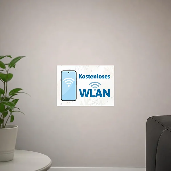 Moderner Kostenloses WLAN Aufkleber mit Handy-Icon und großem WLAN-Hinweis für Empfang und Gästebereich