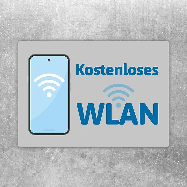 Kostenloses WLAN Aufkleber mit Smartphone und WLAN-Symbol als Hinweis für Gäste.