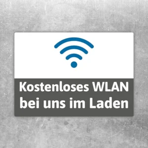 WLAN Aufkleber mit der Aufschrift Kostenloses WLAN bei uns im Laden und WLAN-Symbol.