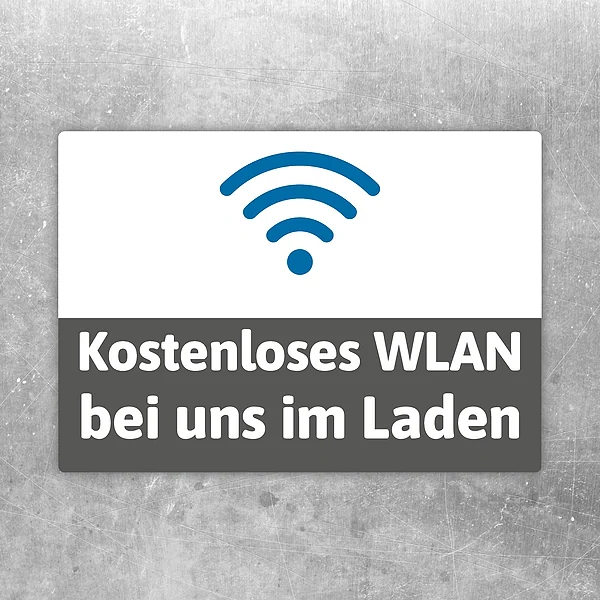 WLAN Aufkleber mit der Aufschrift Kostenloses WLAN bei uns im Laden und WLAN-Symbol.