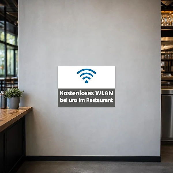 Aufkleber für Restaurants mit WLAN-Symbol und dem Text Kostenfreies WLAN bei uns im Restaurant.