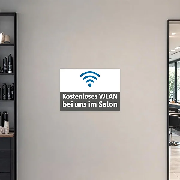 Horizontaler Aufkleber für den Salon mit WLAN-Symbol und dem Hinweis auf kostenloses WLAN.