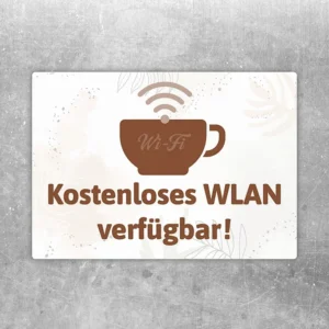 Kostenloses WLAN verfügbar Aufkleber mit Tasse und WLAN-Symbol für Café oder Empfang.
