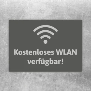 Grauer Aufkleber mit WLAN-Symbol und dem Hinweis: Kostenloses WLAN verfügbar!