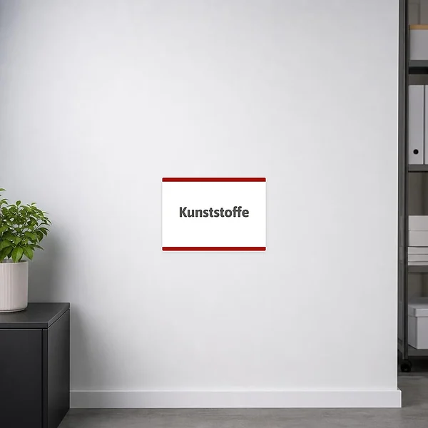 Querformatiger Aufkleber „Kunststoffe“ für Behälter und Sammelstellen zur klaren Wertstofftrennung.
