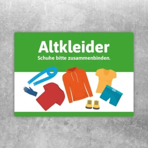 Altkleider Aufkleber mit Hinweis: Schuhe bitte zusammenbinden, für Sammelstellen und Container.