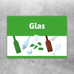 Glas Hinweisaufkleber mit Flaschen und Glasscherben zur Müllentsorgung.