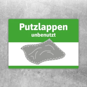 Putzlappen unbenutzt Aufkleber mit grün-weißem Hinweis für Sammelstellen und Ordnung